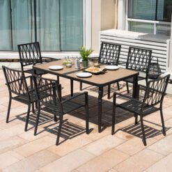 Nuu Garden 7 -Piece Black Patio Dining Set Iron Rectangle Table with 6 Stackable Stationary Chairs