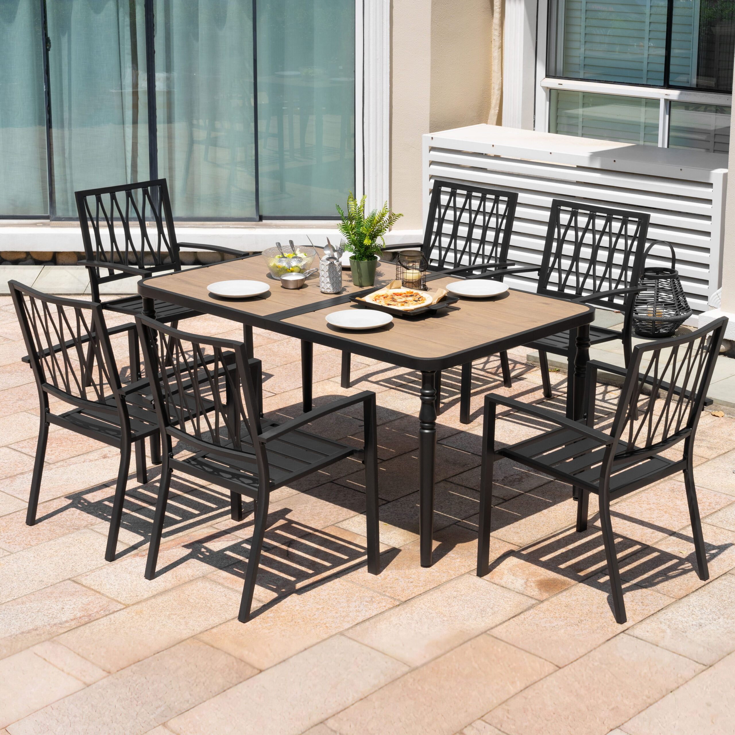 Nuu Garden 7 -Piece Black Patio Dining Set Iron Rectangle Table with 6 Stackable Stationary Chairs