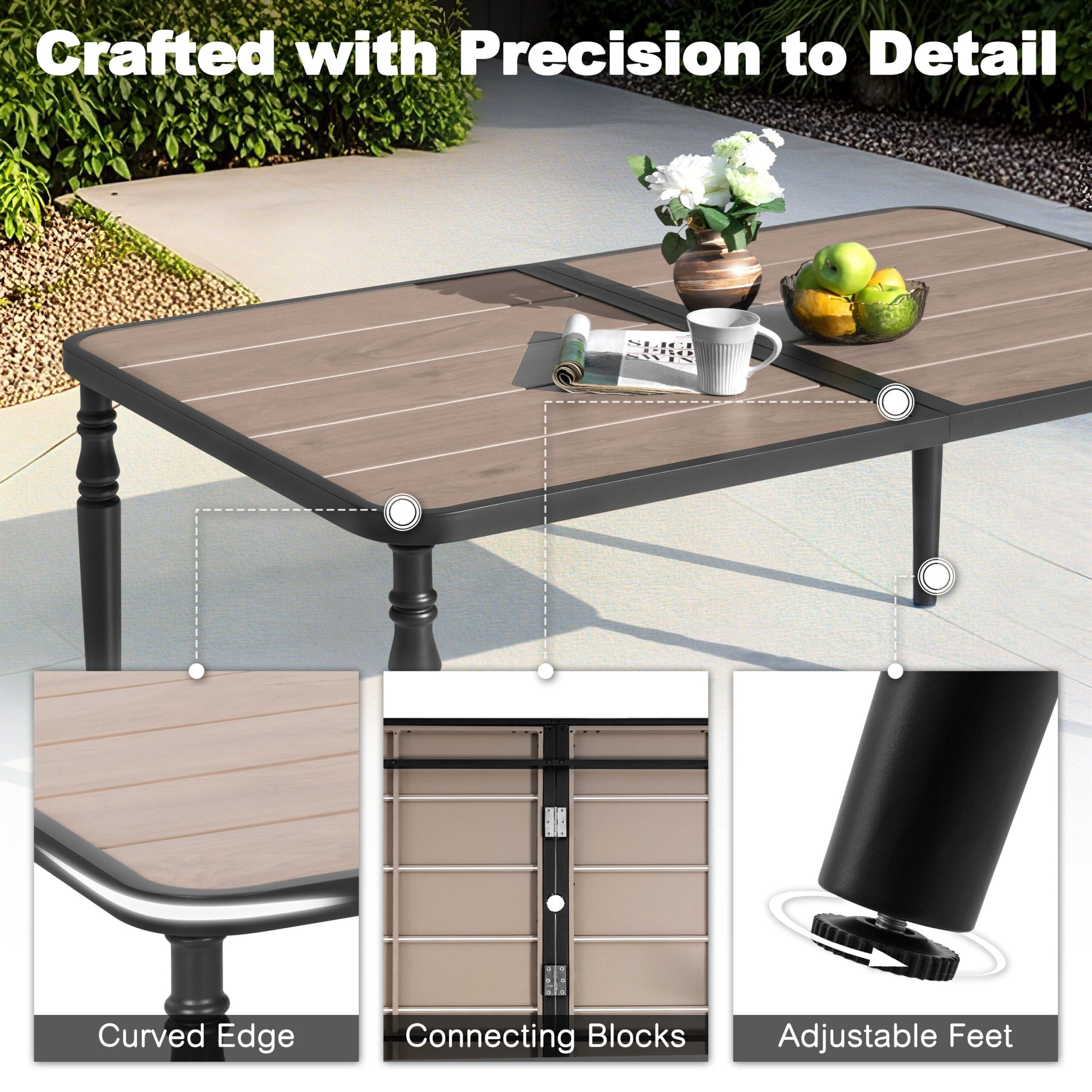 Nuu Garden 7 -Piece Black Patio Dining Set Iron Rectangle Table with 6 Stackable Stationary Chairs