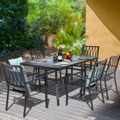 Nuu Garden 7 -Piece Black Patio Dining Set Iron Rectangle Table with 6 Stackable Stationary Chairs
