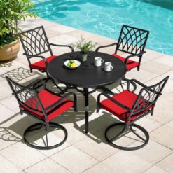 Nuu Garden 5 -Piece Black Patio Dining Set Iron Round Table with 4 Red Cushions Swivel Chairs