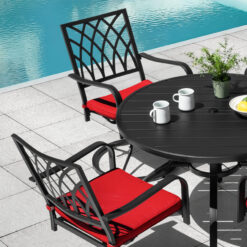 Nuu Garden 5 -Piece Black Patio Dining Set Iron Round Table with 4 Red Cushions Swivel Chairs