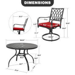 Nuu Garden 5 -Piece Black Patio Dining Set Iron Round Table with 4 Red Cushions Swivel Chairs