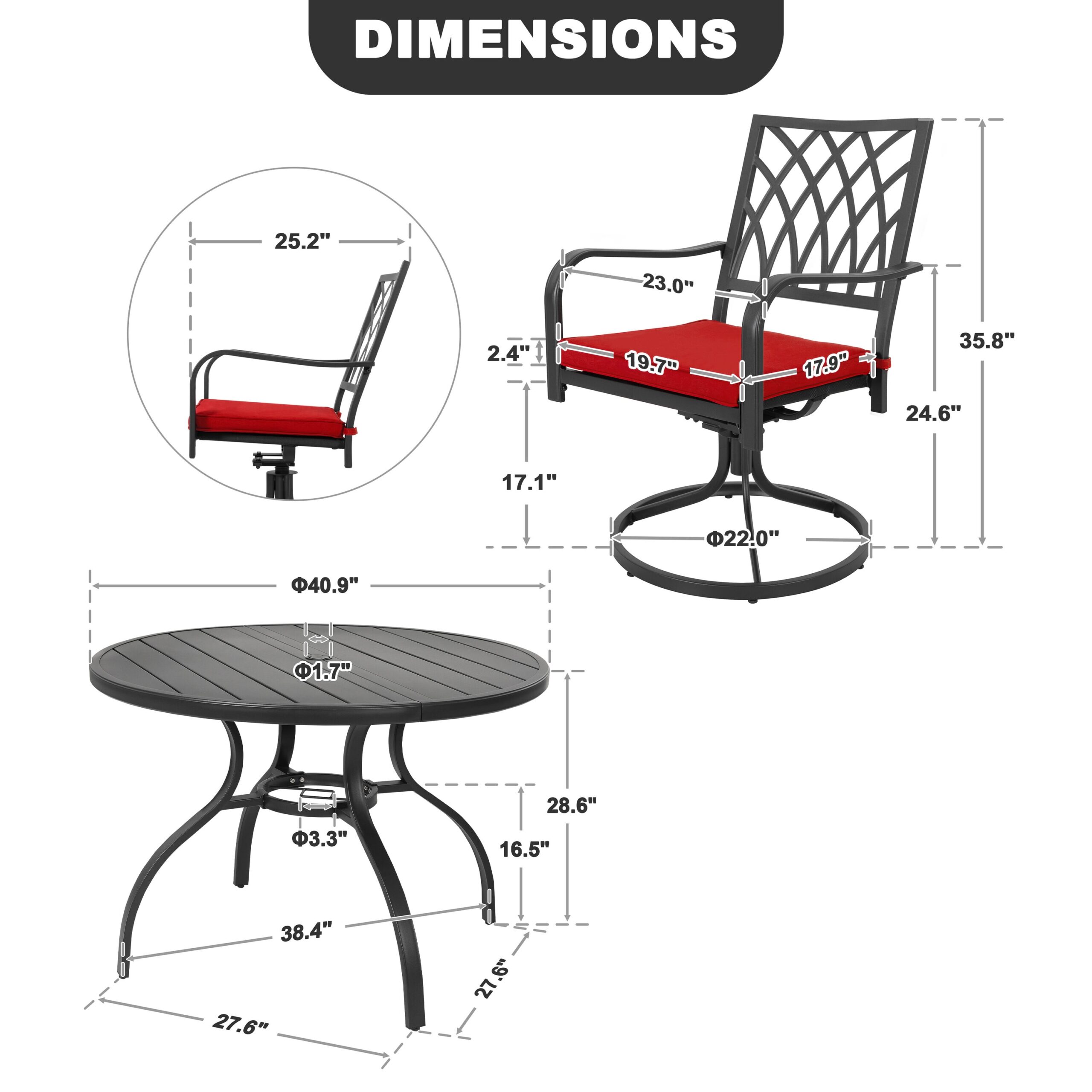 Nuu Garden 5 -Piece Black Patio Dining Set Iron Round Table with 4 Red Cushions Swivel Chairs