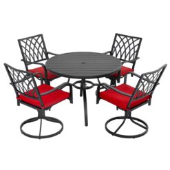 Nuu Garden 5 -Piece Black Patio Dining Set Iron Round Table with 4 Red Cushions Swivel Chairs