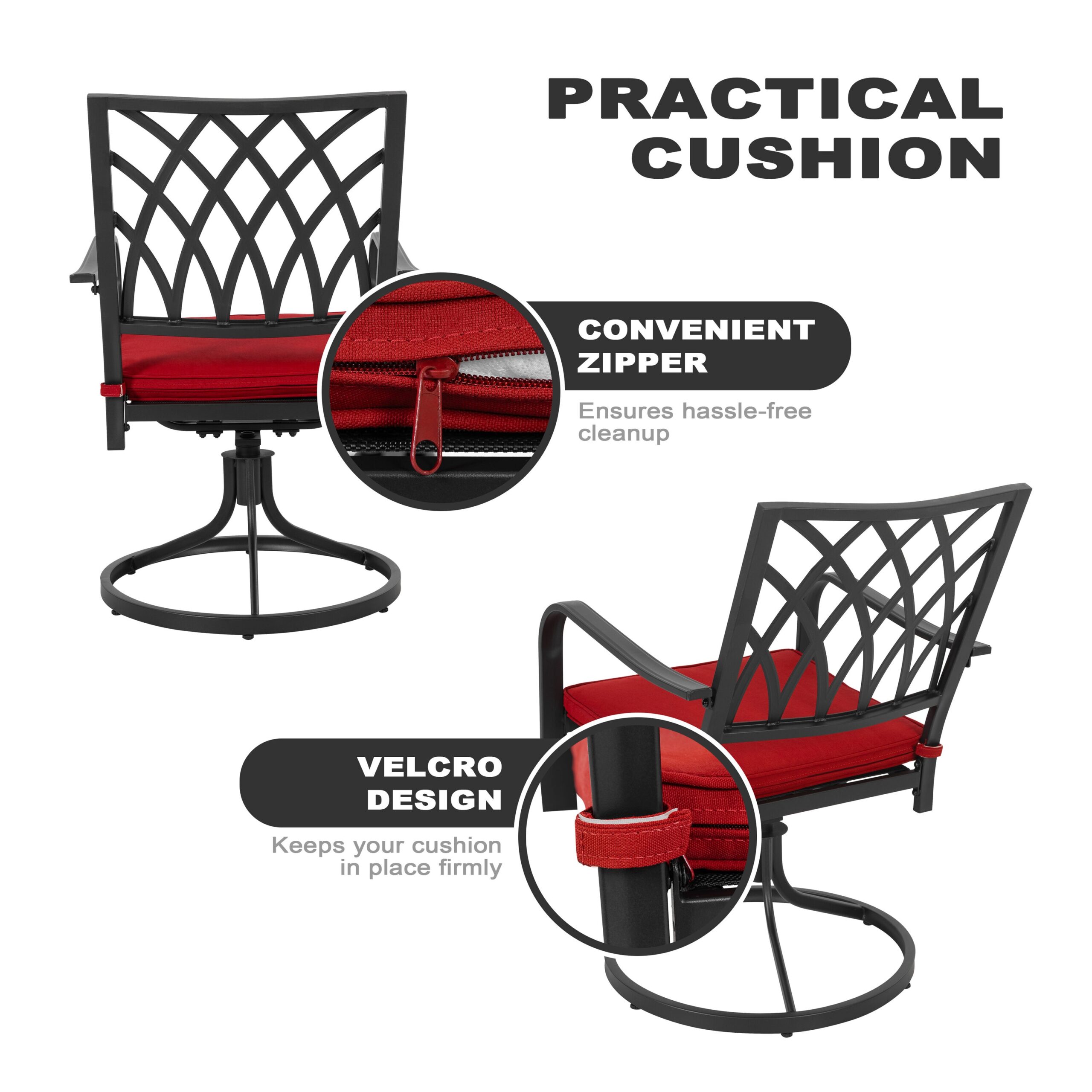 Nuu Garden 5 -Piece Black Patio Dining Set Iron Round Table with 4 Red Cushions Swivel Chairs