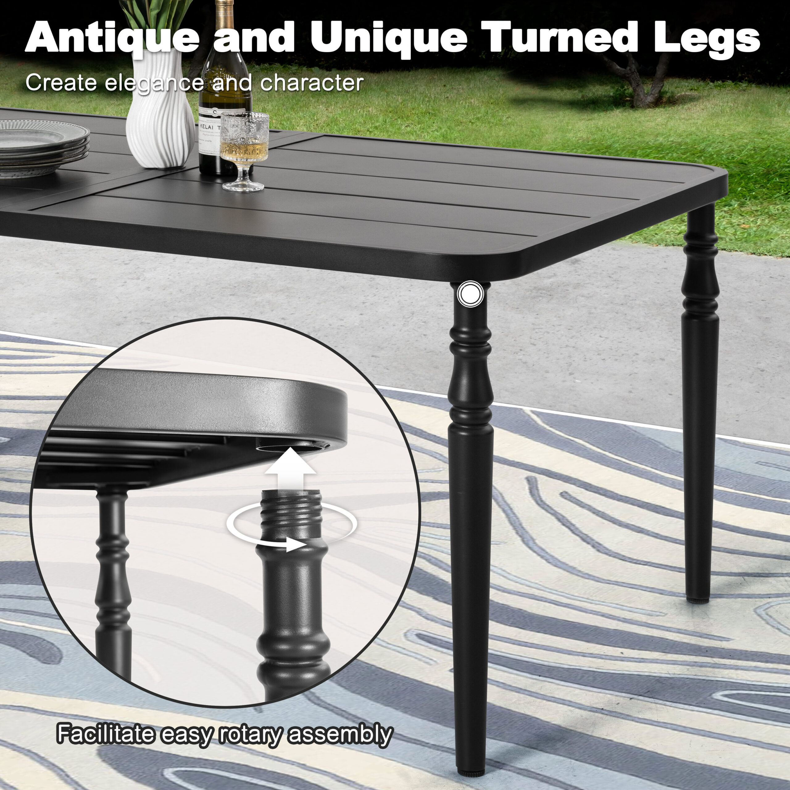Nuu Garden Dining Chair And Table Set 7 -Piece Black Patio Dining Set Iron Rectangle Table with 6 Brown Stationary and Motion Chairs