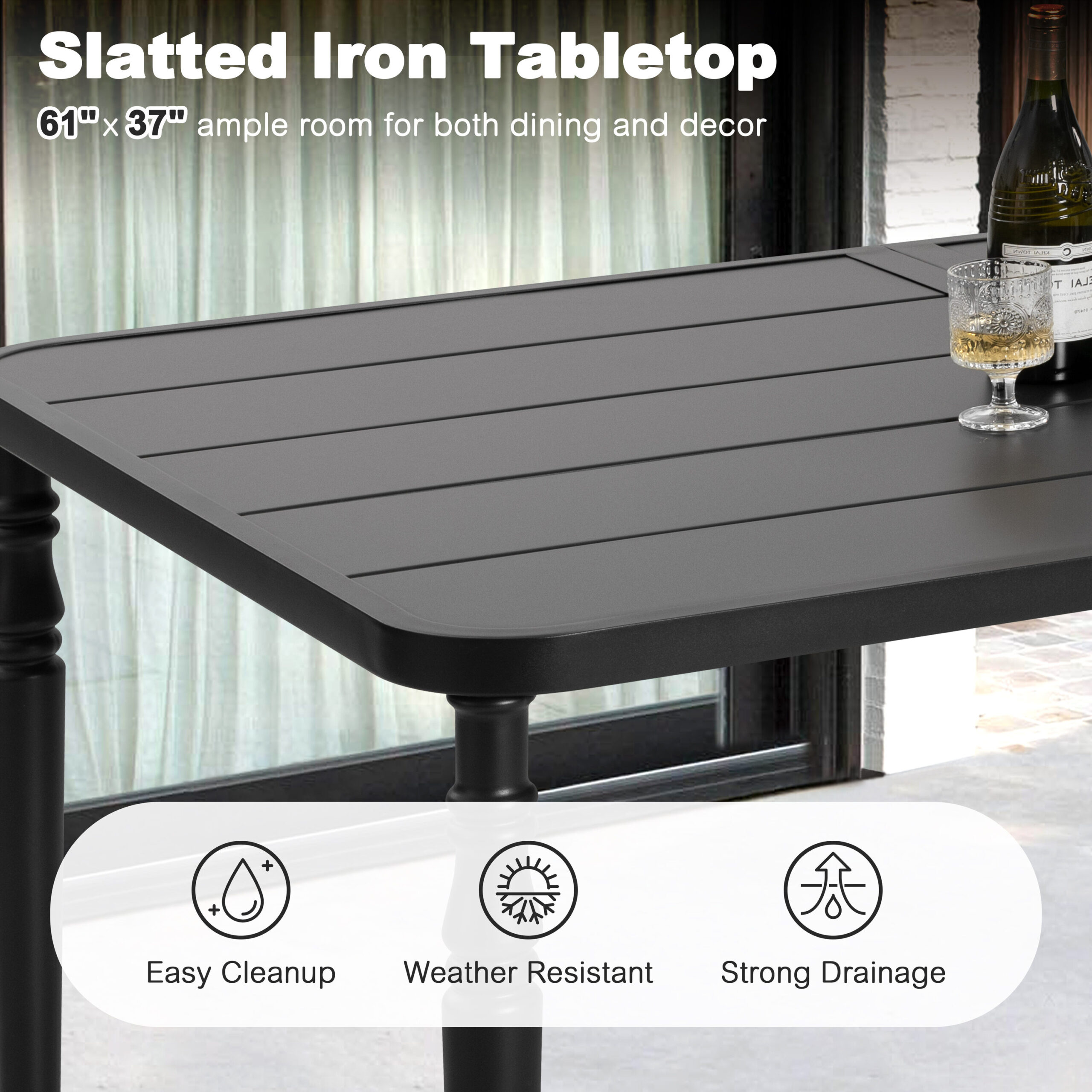 Nuu Garden Dining Chair And Table Set 7 -Piece Black Patio Dining Set Iron Rectangle Table with 6 Brown Stationary and Motion Chairs