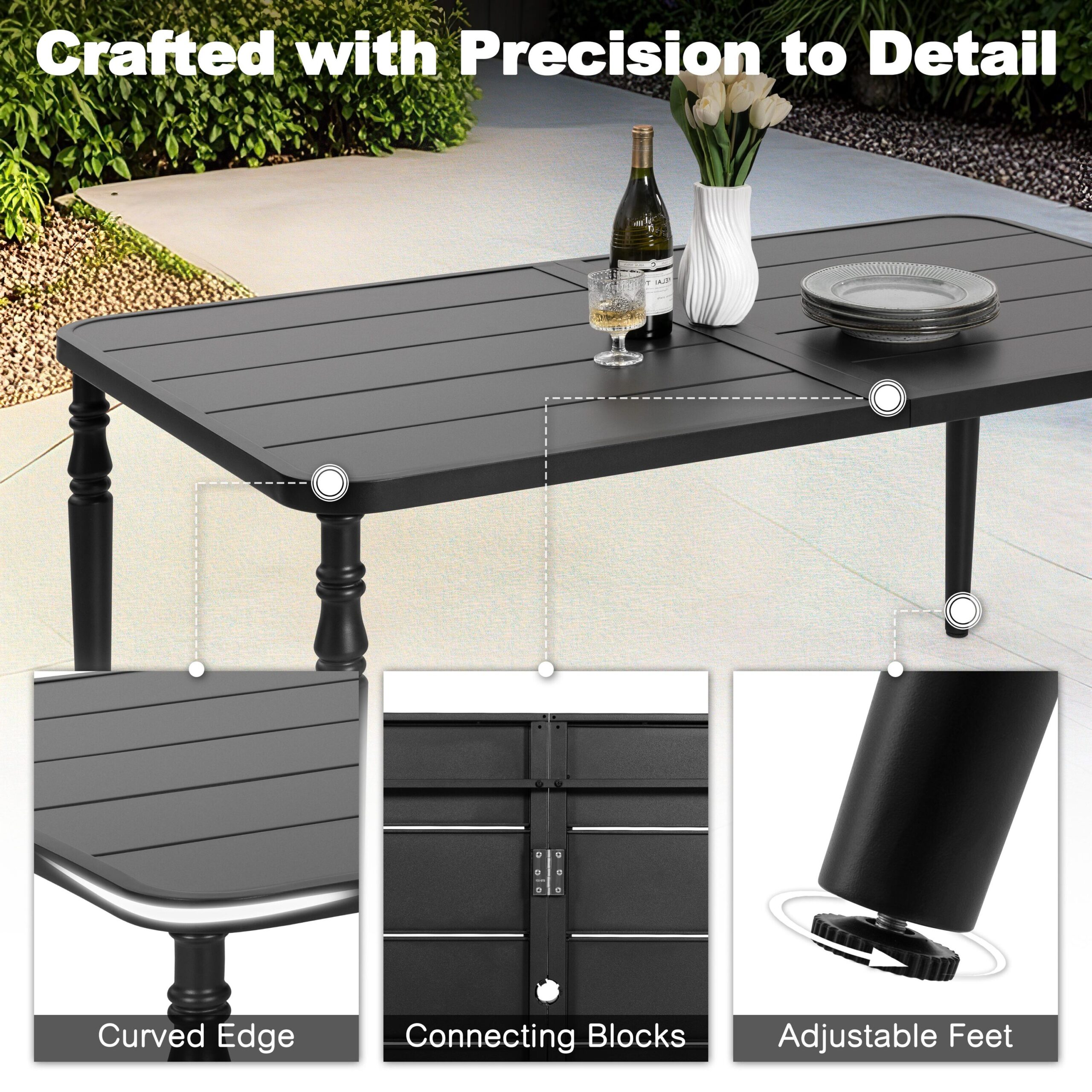Nuu Garden Dining Chair And Table Set 7 -Piece Black Patio Dining Set Iron Rectangle Table with 6 Brown Stationary and Motion Chairs