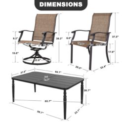 Nuu Garden Dining Chair And Table Set 7 -Piece Black Patio Dining Set Iron Rectangle Table with 6 Brown Stationary and Motion Chairs