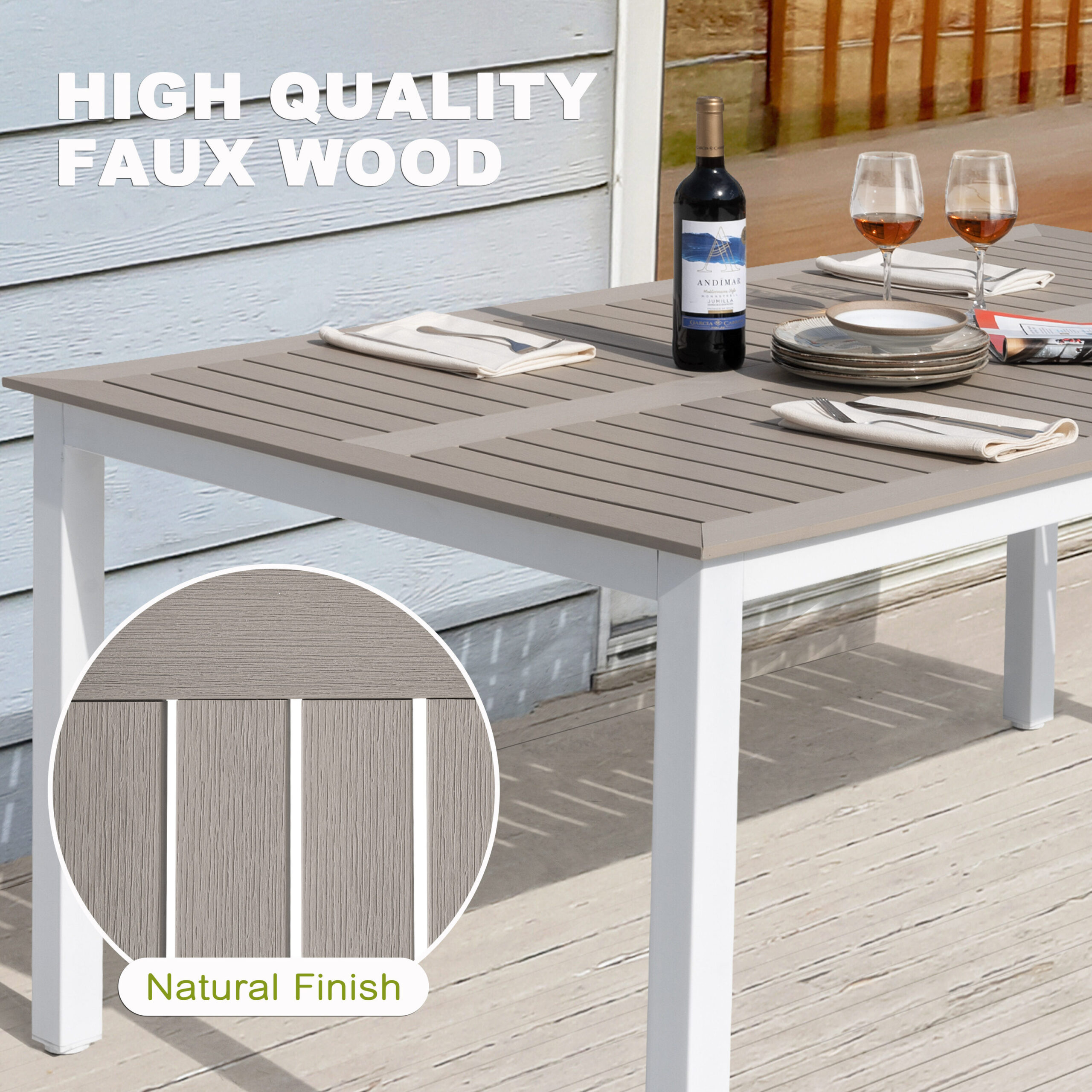 Nuu Garden 7 -Piece White Patio Dining Set Iron Rectangle Table with 6 Light gray Stackable Stationary Chairs
