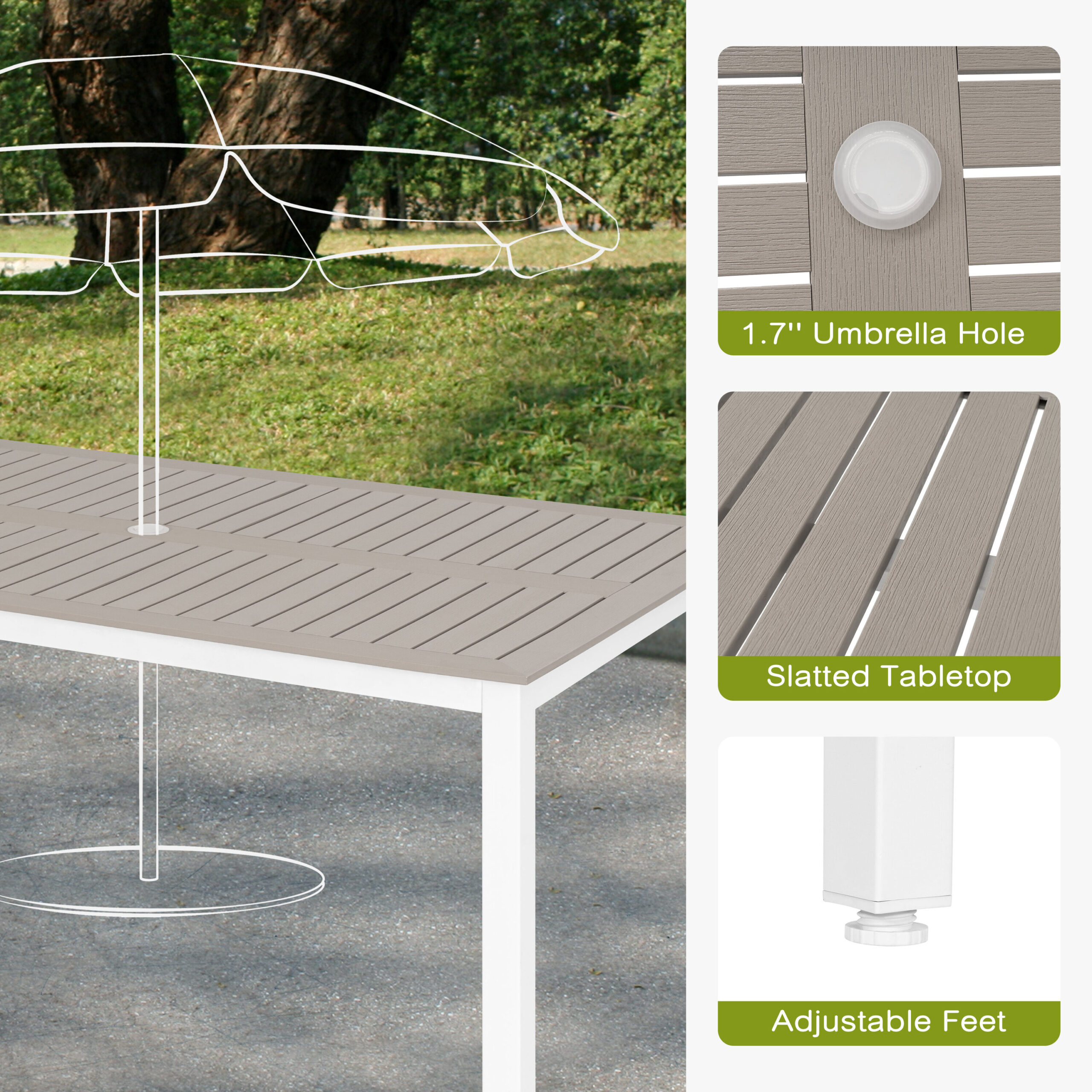 Nuu Garden 7 -Piece White Patio Dining Set Iron Rectangle Table with 6 Light gray Stackable Stationary Chairs