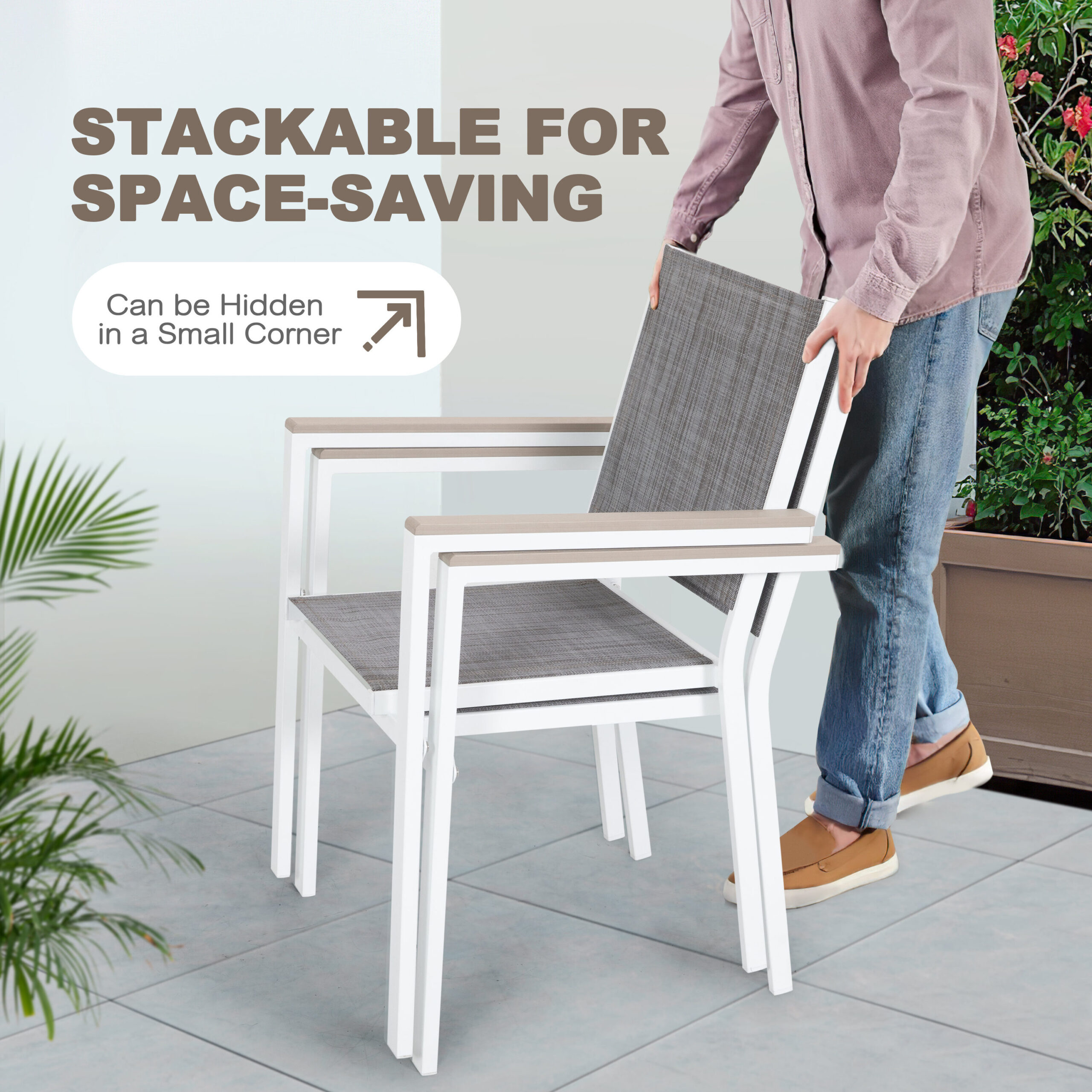 Nuu Garden 7 -Piece White Patio Dining Set Iron Rectangle Table with 6 Light gray Stackable Stationary Chairs