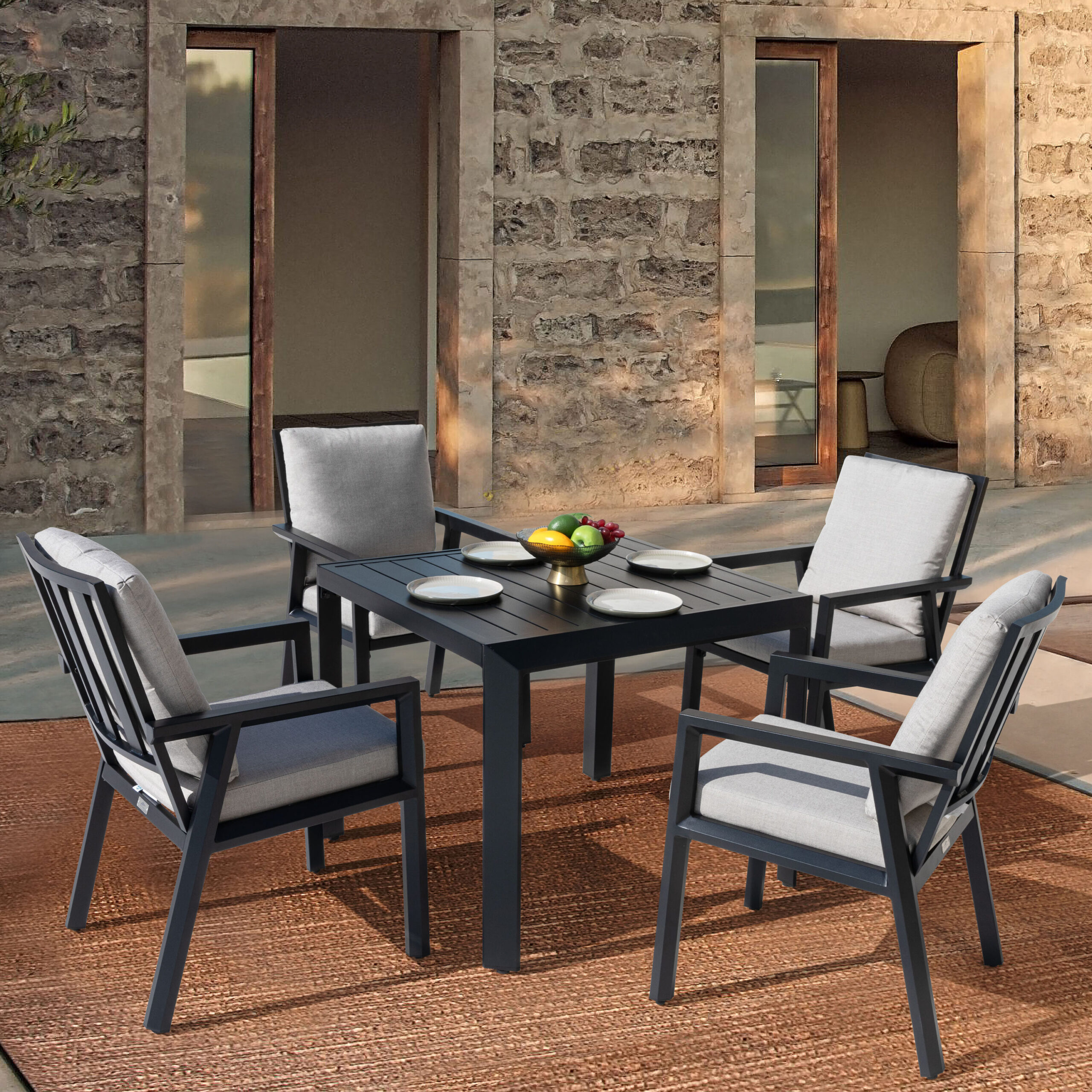 Nuu Garden 5 -Piece Black Patio Dining Set Aluminum Square Table with 4 Gray Cushions Stationary Chairs