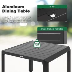 Nuu Garden 5 -Piece Black Patio Dining Set Aluminum Square Table with 4 Gray Cushions Stationary Chairs