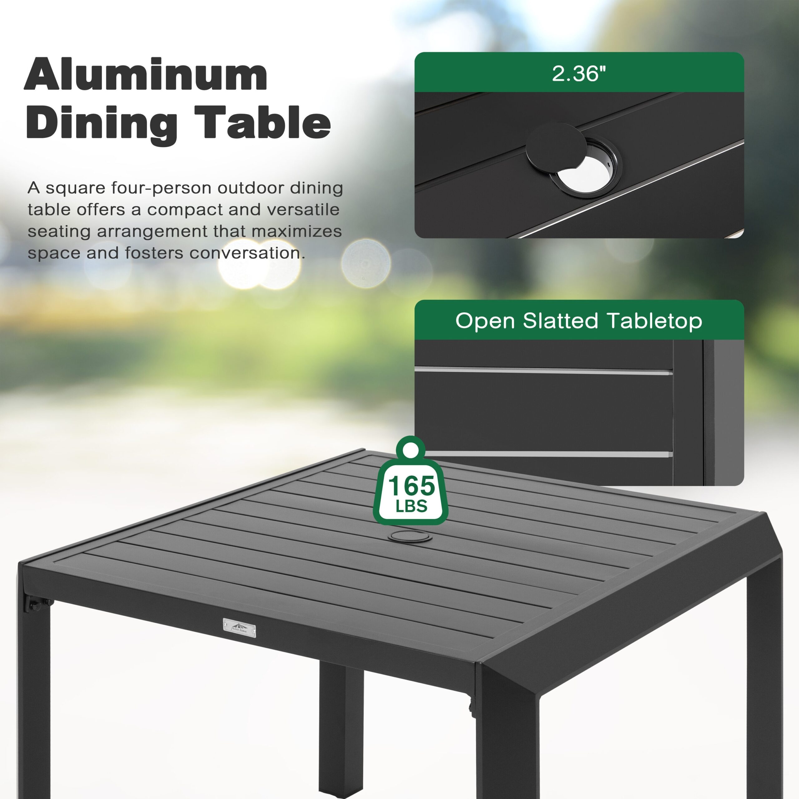 Nuu Garden 5 -Piece Black Patio Dining Set Aluminum Square Table with 4 Gray Cushions Stationary Chairs
