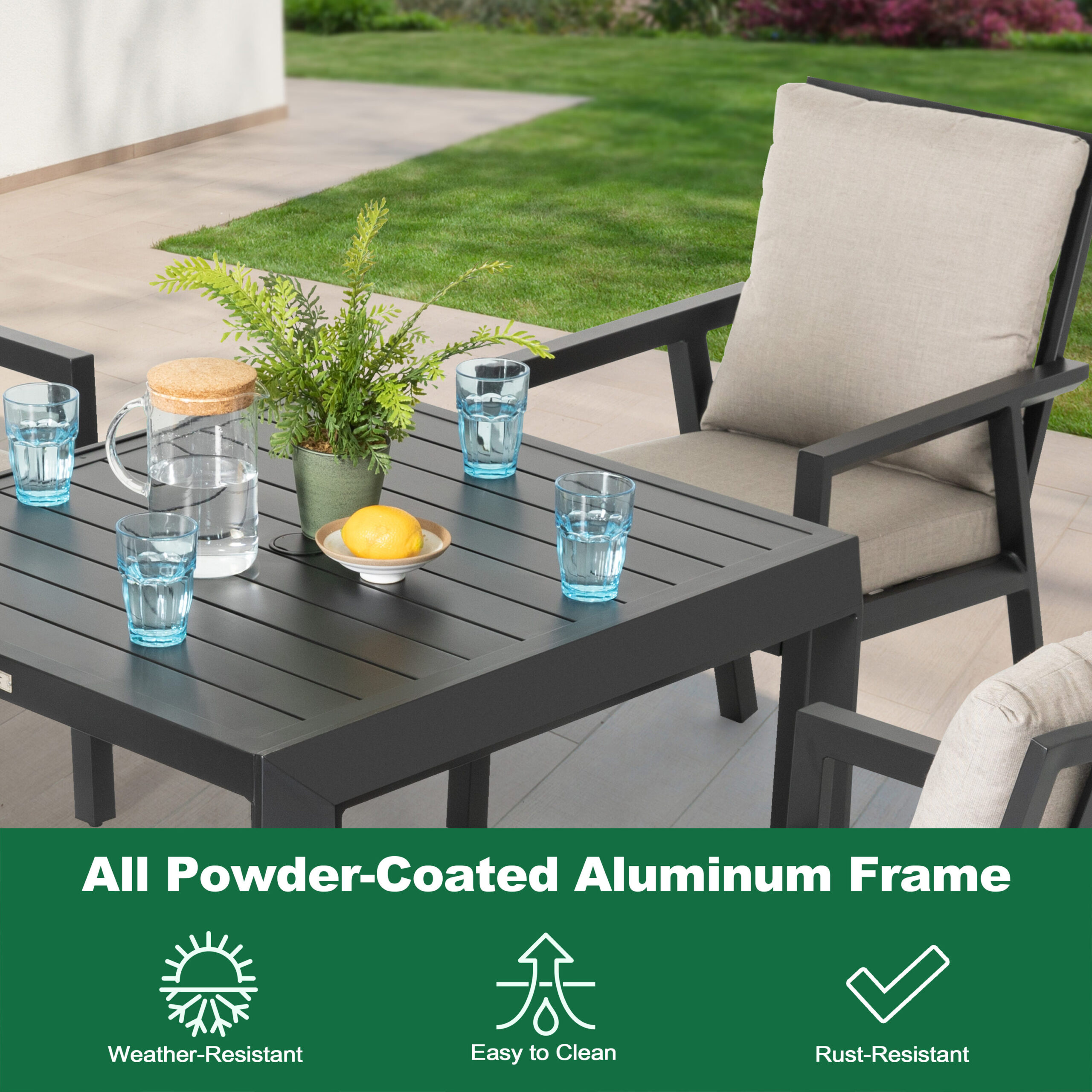 Nuu Garden 5 -Piece Black Patio Dining Set Aluminum Square Table with 4 Gray Cushions Stationary Chairs