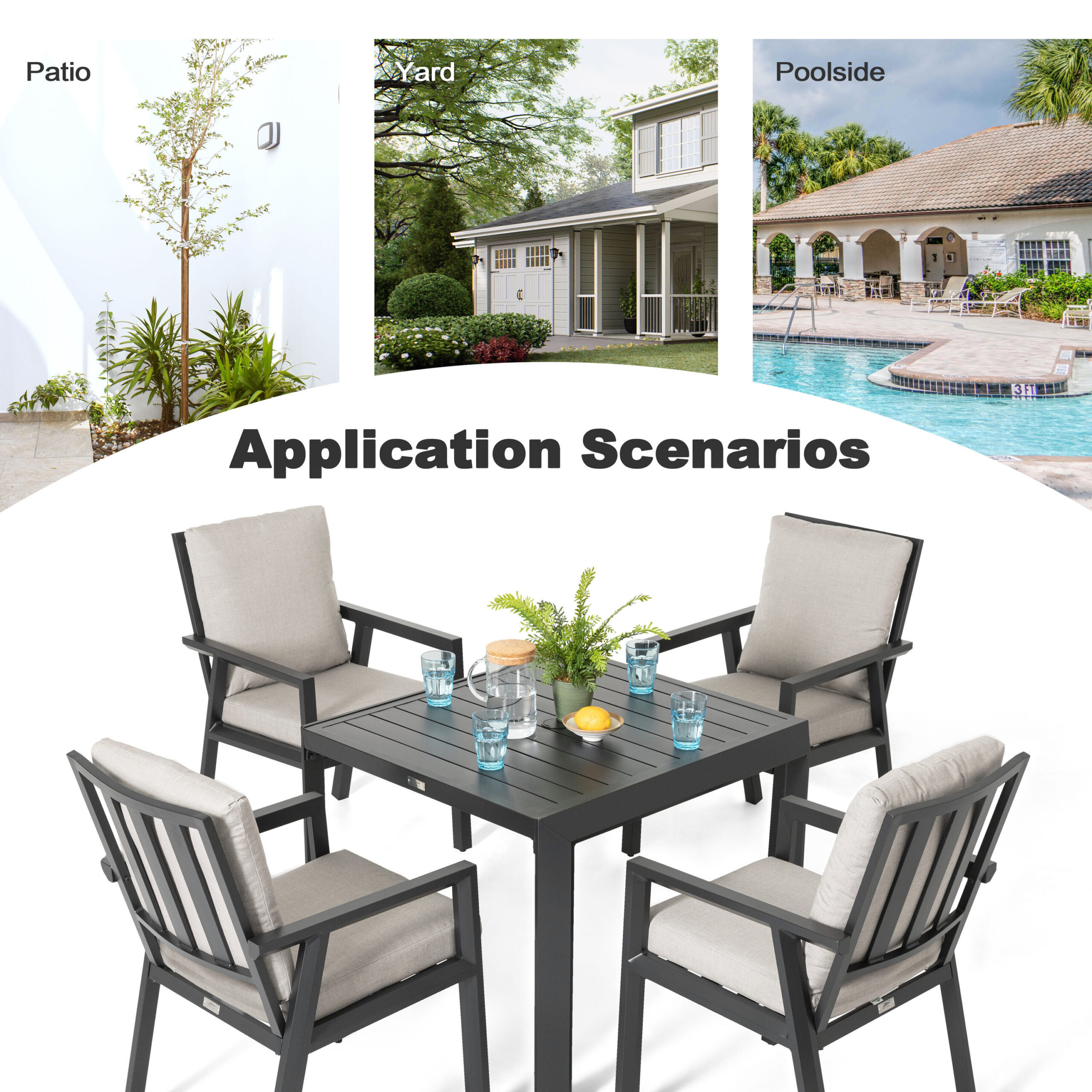 Nuu Garden 5 -Piece Black Patio Dining Set Aluminum Square Table with 4 Gray Cushions Stationary Chairs