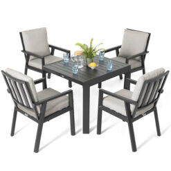 Nuu Garden 5 -Piece Black Patio Dining Set Aluminum Square Table with 4 Gray Cushions Stationary Chairs