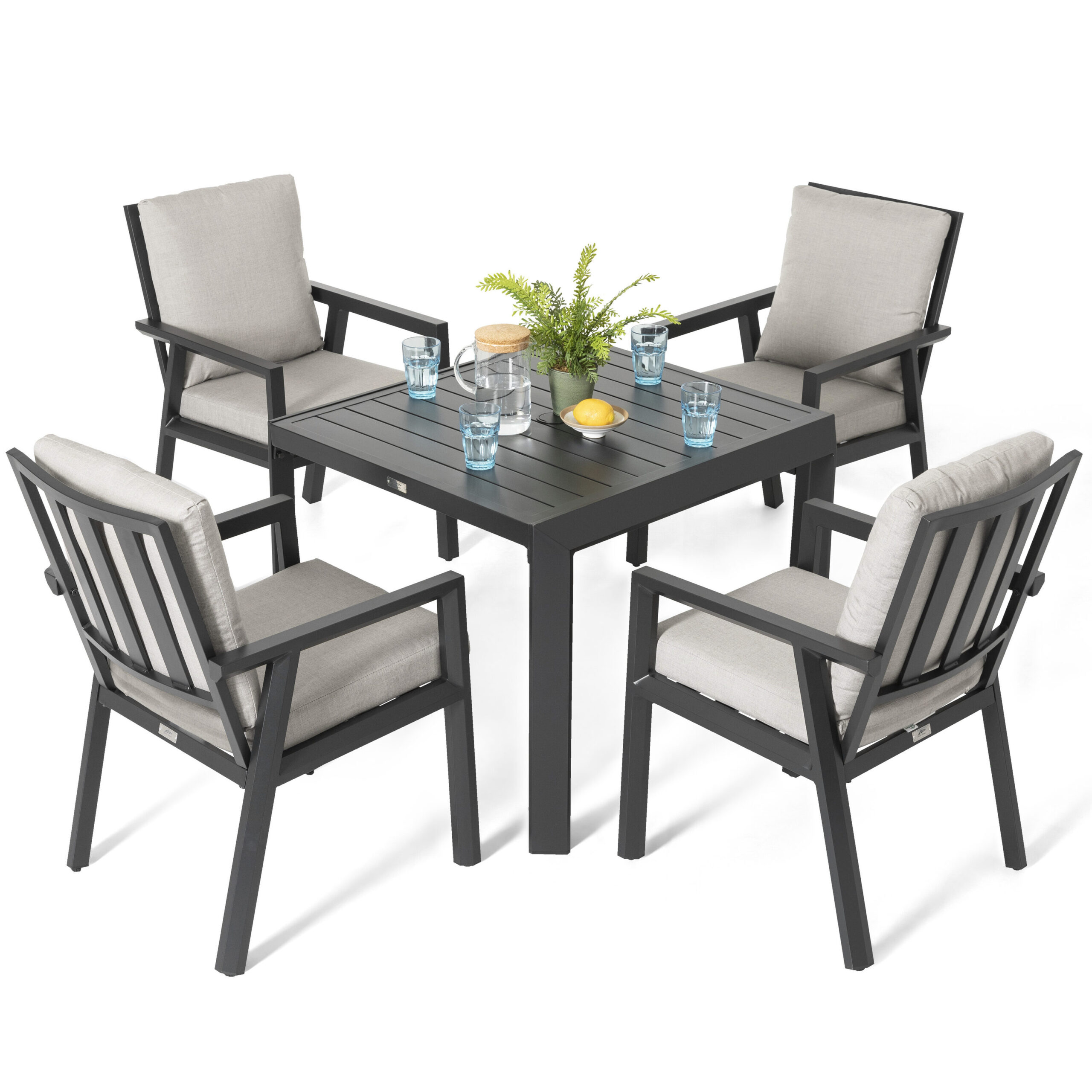 Nuu Garden 5 -Piece Black Patio Dining Set Aluminum Square Table with 4 Gray Cushions Stationary Chairs