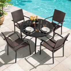 Nuu Garden 5 -Piece Black Wicker Patio Dining Set Iron Round Table with 4 Stationary Chairs