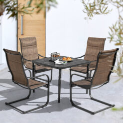 Nuu Garden 5 -Piece Black Patio Dining Set Iron Square Table with 4 Brown C-spring Chairs