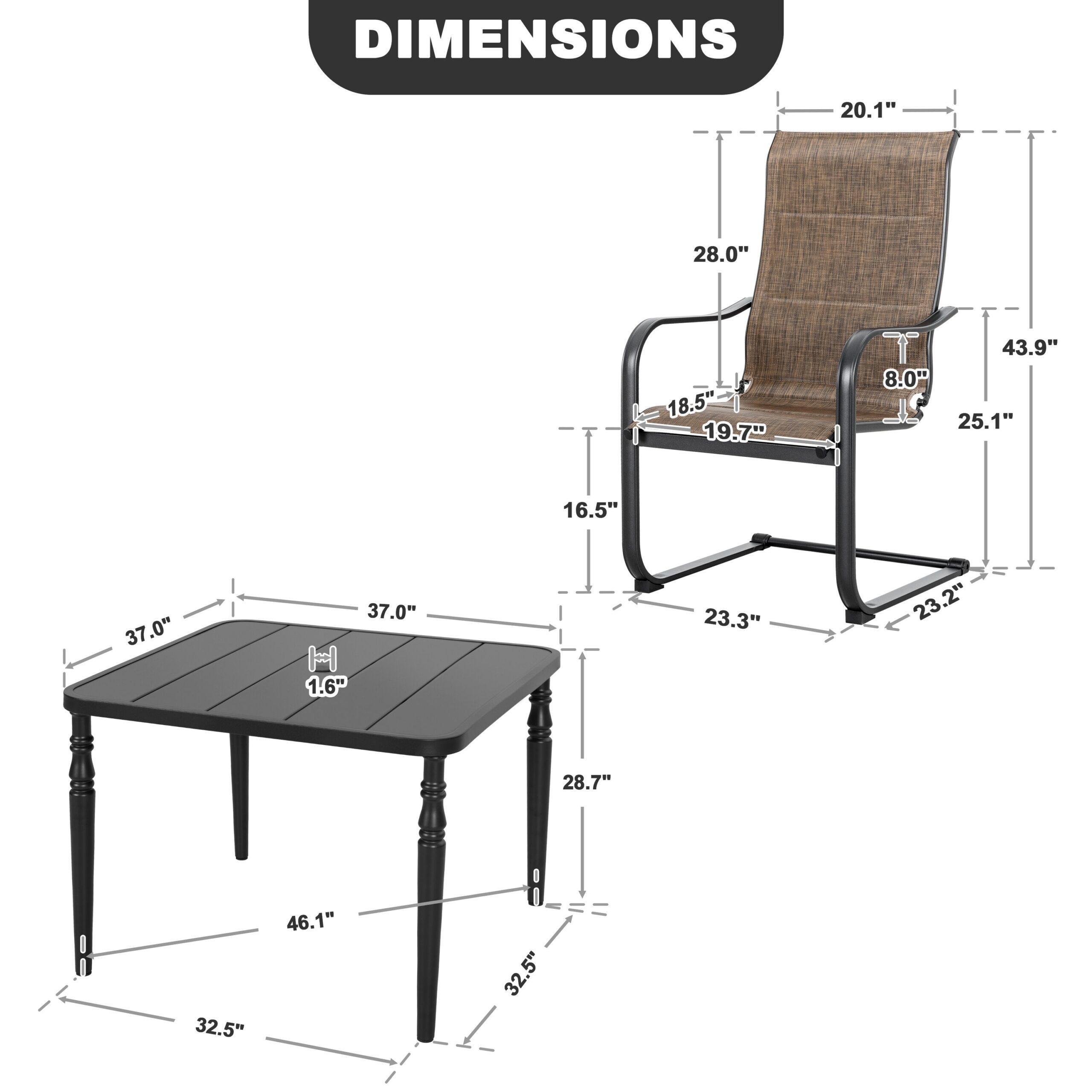 Nuu Garden 5 -Piece Black Patio Dining Set Iron Square Table with 4 Brown C-spring Chairs