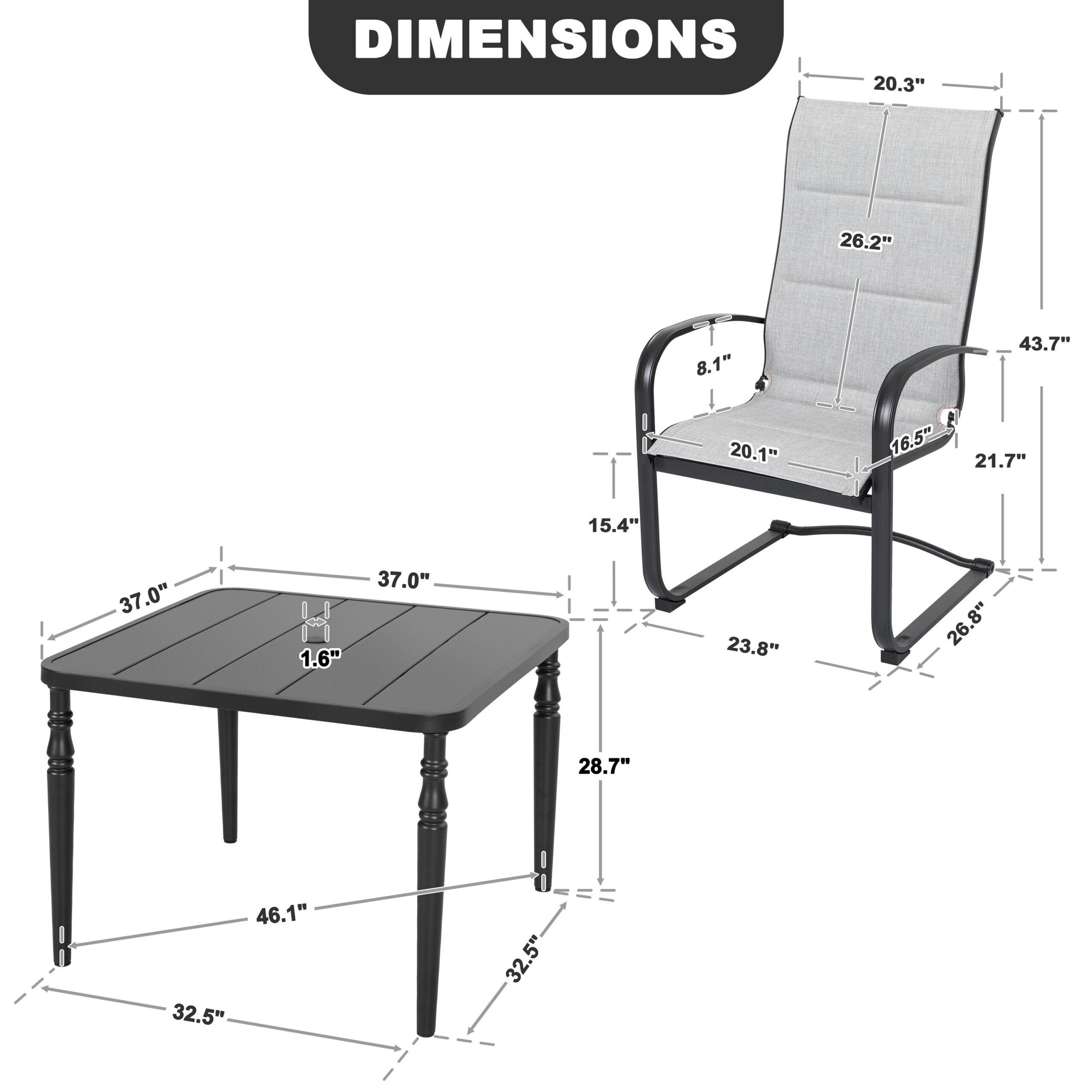 Nuu Garden 5 -Piece Black Patio Dining Set Iron Square Table with 4 Gray C-spring Chairs