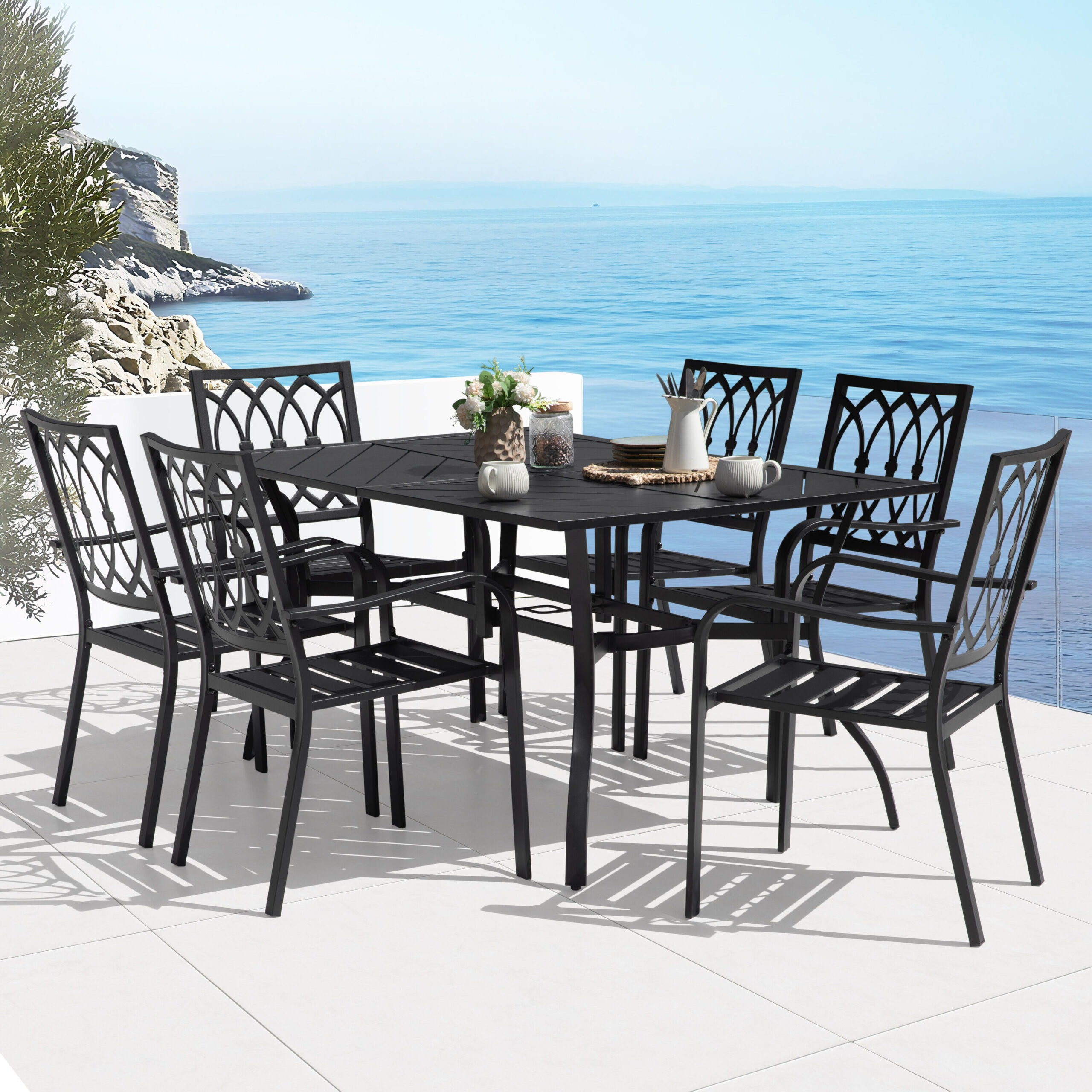 Nuu Garden 7 -Piece Black Patio Dining Set Iron Rectangle Table with 6 Stackable Stationary Chairs