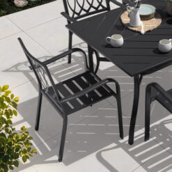 Nuu Garden 7 -Piece Black Patio Dining Set Iron Rectangle Table with 6 Stackable Stationary Chairs