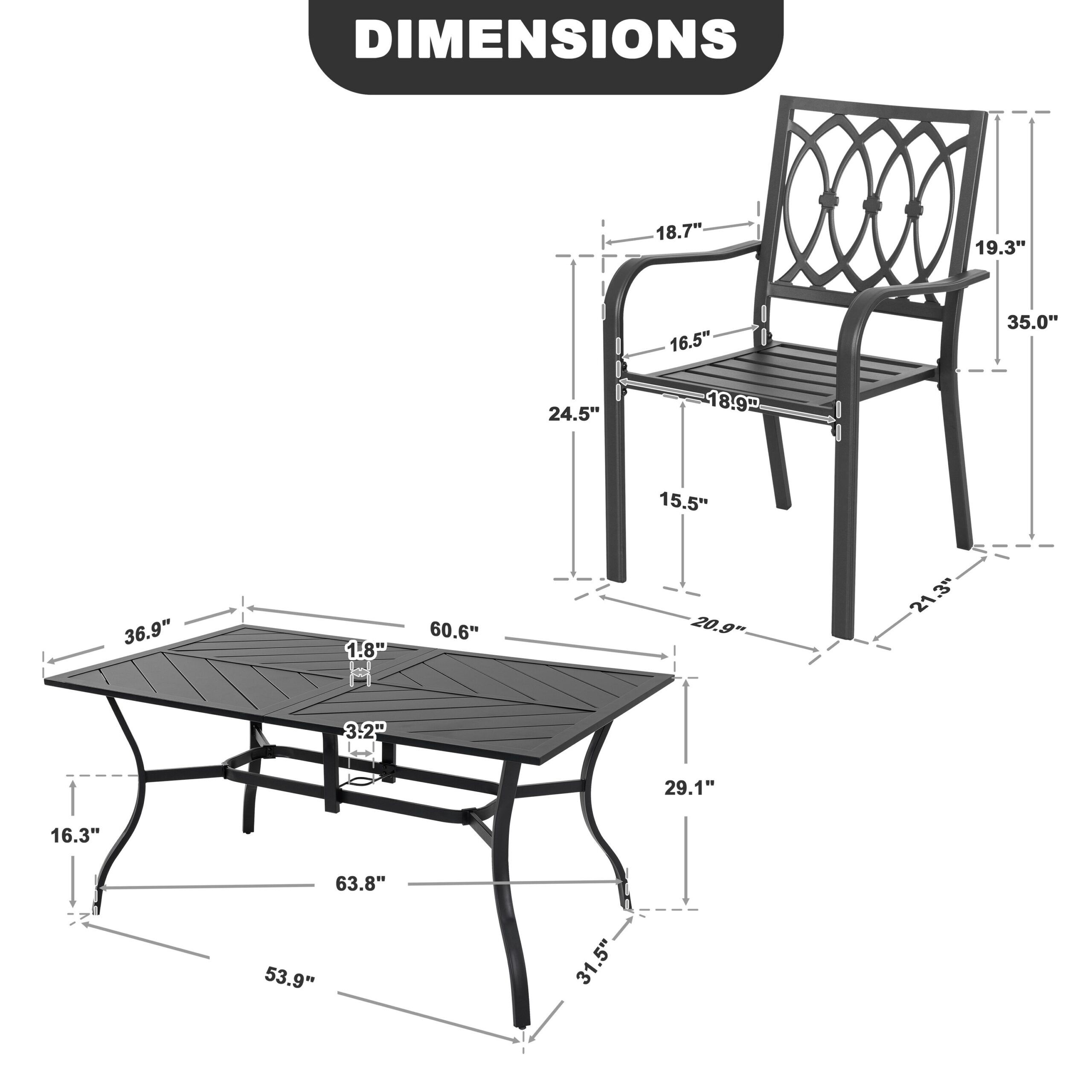 Nuu Garden 7 -Piece Black Patio Dining Set Iron Rectangle Table with 6 Stackable Stationary Chairs