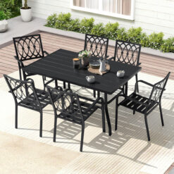 Nuu Garden 7 -Piece Black Patio Dining Set Iron Rectangle Table with 6 Stackable Stationary Chairs