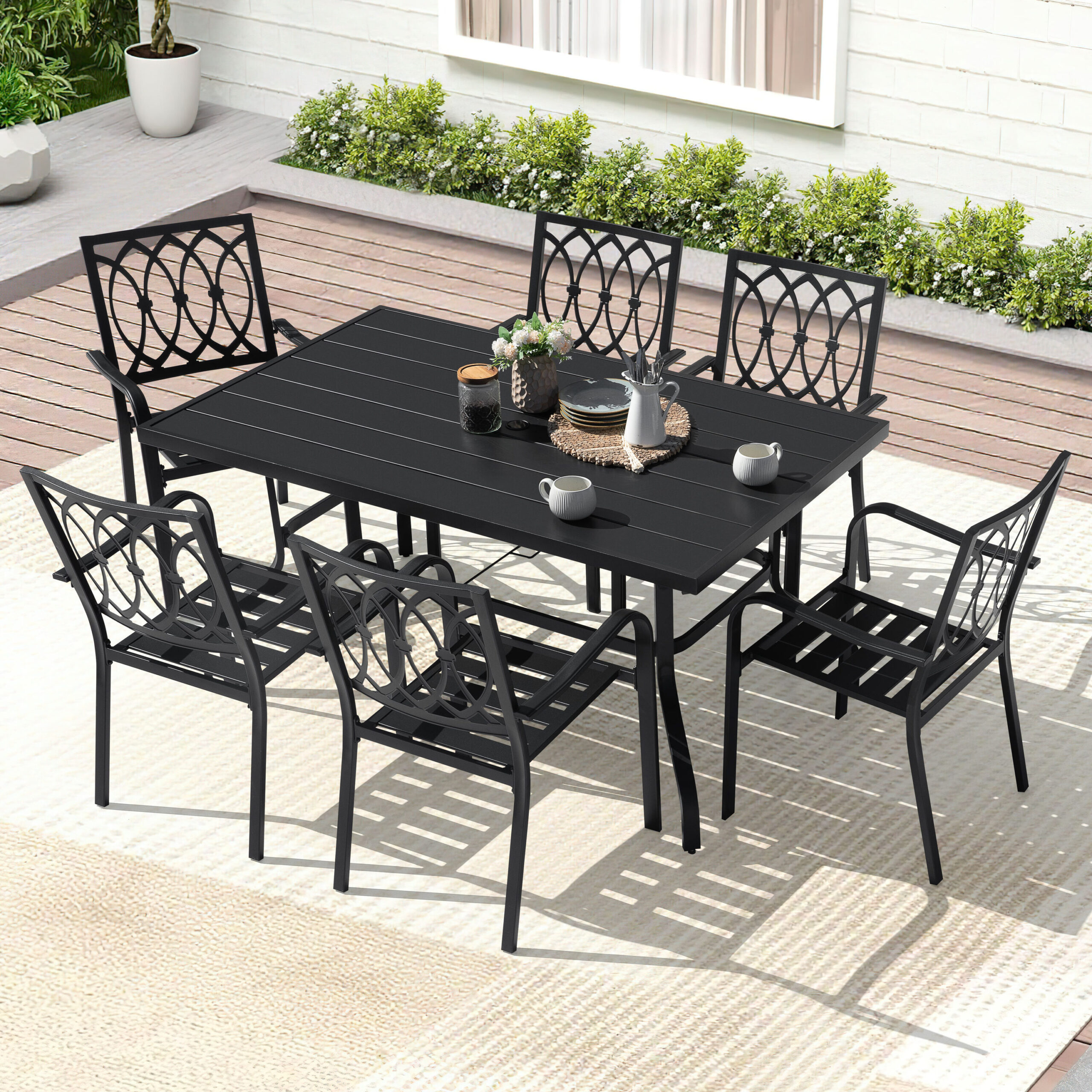 Nuu Garden 7 -Piece Black Patio Dining Set Iron Rectangle Table with 6 Stackable Stationary Chairs