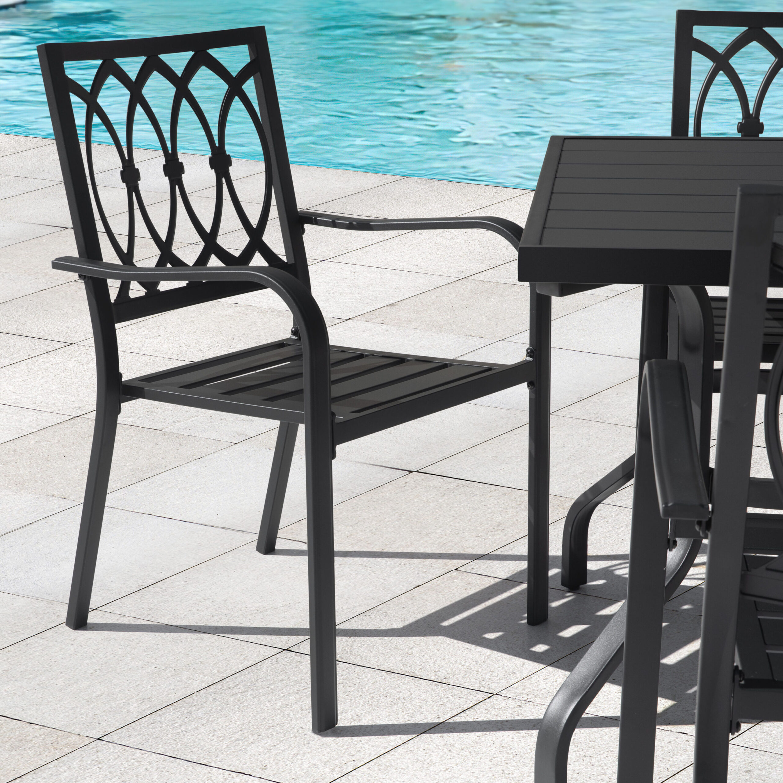 Nuu Garden 7 -Piece Black Patio Dining Set Iron Rectangle Table with 6 Stackable Stationary Chairs