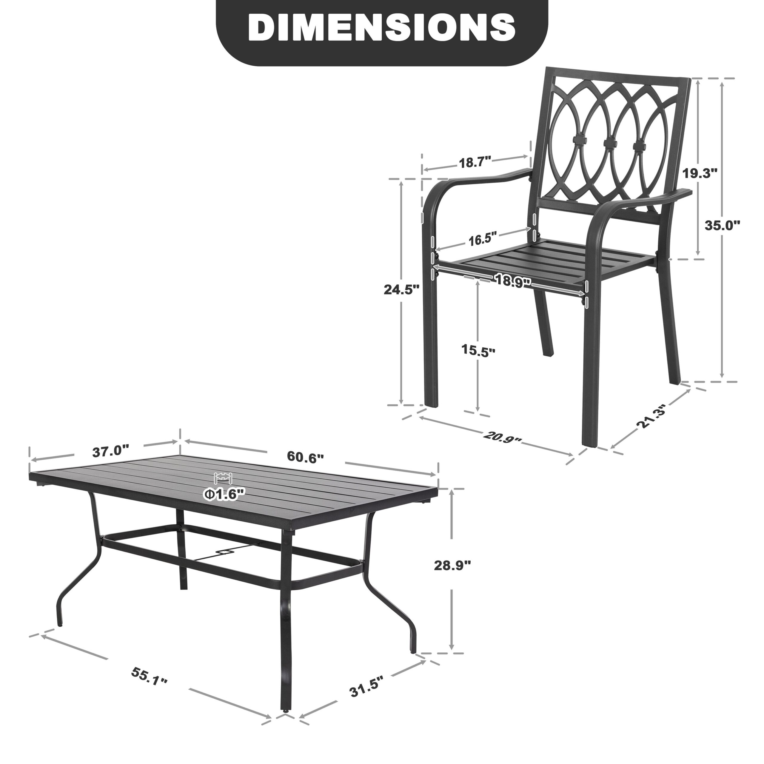 Nuu Garden 7 -Piece Black Patio Dining Set Iron Rectangle Table with 6 Stackable Stationary Chairs