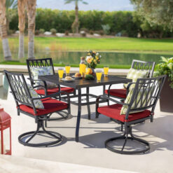 Nuu Garden 5 -Piece Black Patio Dining Set Iron Square Table with 4 Red Cushions Swivel Chairs