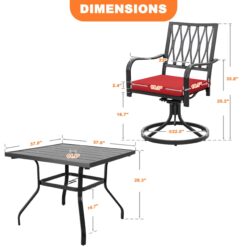 Nuu Garden 5 -Piece Black Patio Dining Set Iron Square Table with 4 Red Cushions Swivel Chairs
