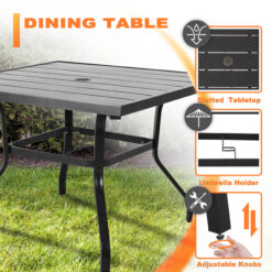 Nuu Garden 5 -Piece Black Patio Dining Set Iron Square Table with 4 Red Cushions Swivel Chairs