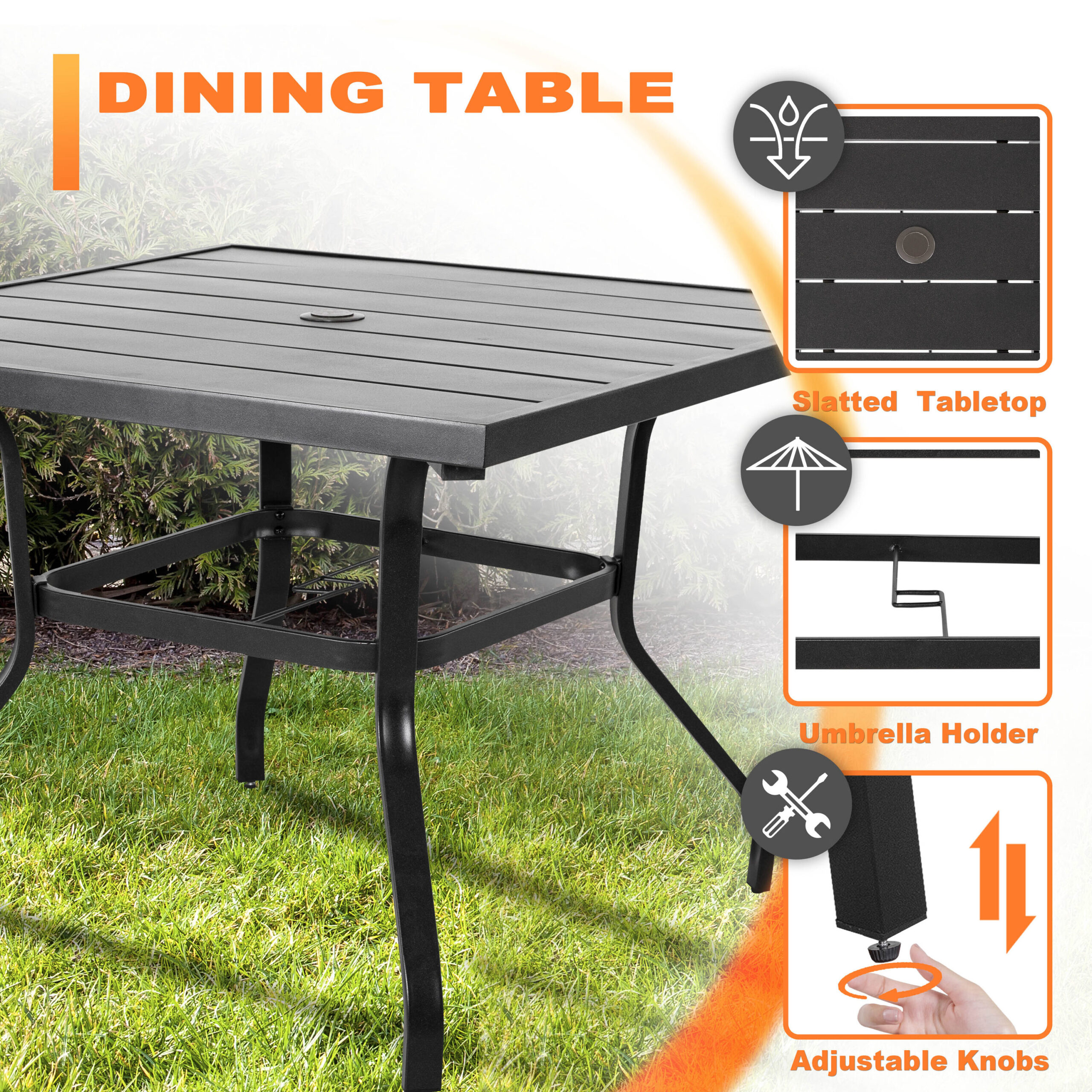 Nuu Garden 5 -Piece Black Patio Dining Set Iron Square Table with 4 Red Cushions Swivel Chairs