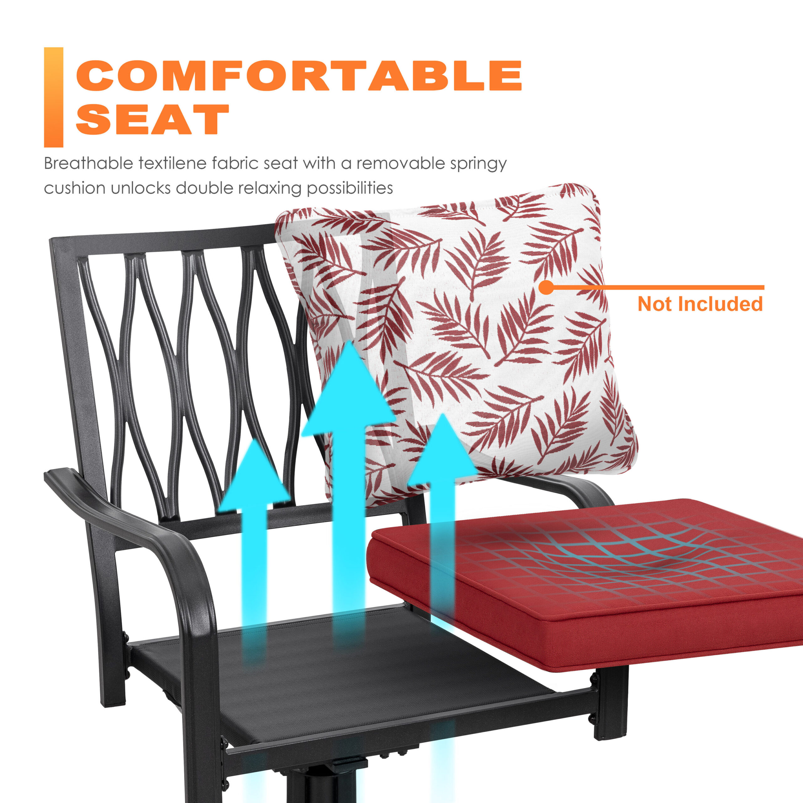 Nuu Garden 5 -Piece Black Patio Dining Set Iron Square Table with 4 Red Cushions Swivel Chairs