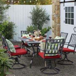 Nuu Garden 7 -Piece Black Patio Dining Set Iron Rectangle Table with 6 Red Cushions Swivel Chairs