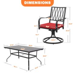 Nuu Garden 7 -Piece Black Patio Dining Set Iron Rectangle Table with 6 Red Cushions Swivel Chairs