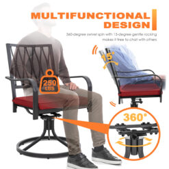 Nuu Garden 7 -Piece Black Patio Dining Set Iron Rectangle Table with 6 Red Cushions Swivel Chairs