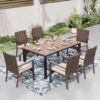 Sunshine Valley Outdoor Table and Chairs 7 -Piece Black Rattan Patio Dining Set Steel Rectangle Table with 6 Beige Cushions Stationary Chairs