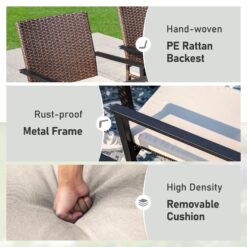 Sunshine Valley Outdoor Table and Chairs 7 -Piece Black Rattan Patio Dining Set Steel Rectangle Table with 6 Beige Cushions Stationary Chairs