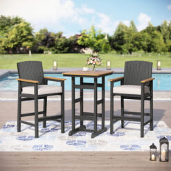 Sunshine Valley Outdoor HDPE High Bar Bistro Set 3 -Piece Black Wicker Bar Height Patio Dining Set Steel Rectangle Table with 2 Beige Cushions Stationary Chairs