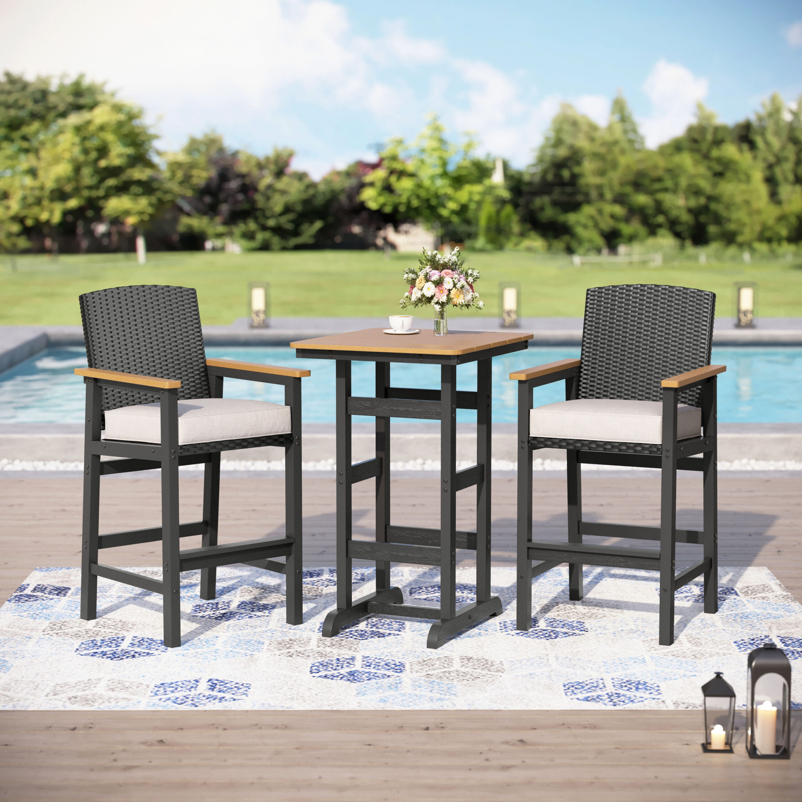 Sunshine Valley Outdoor HDPE High Bar Bistro Set 3 -Piece Black Wicker Bar Height Patio Dining Set Steel Rectangle Table with 2 Beige Cushions Stationary Chairs