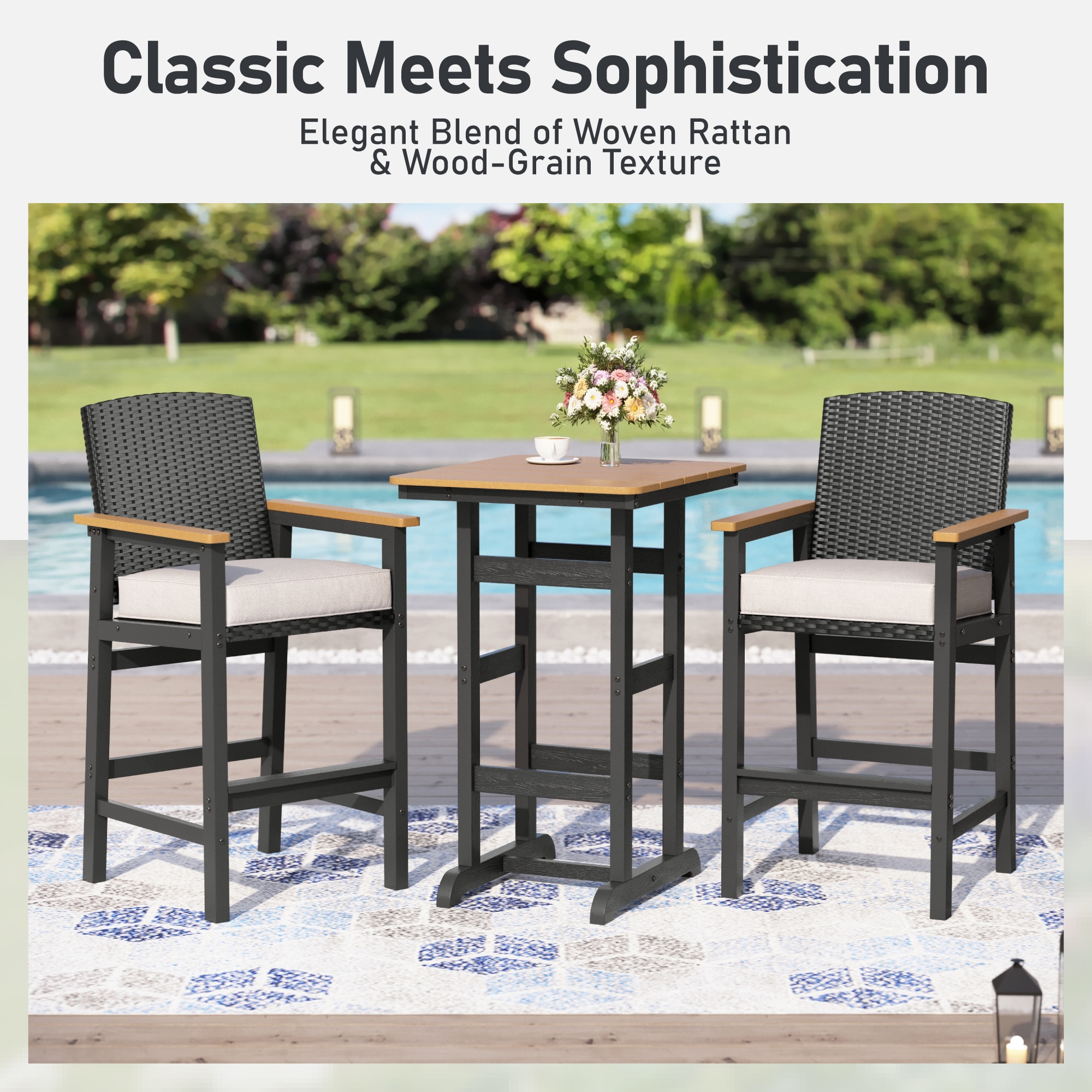 Sunshine Valley Outdoor HDPE High Bar Bistro Set 3 -Piece Black Wicker Bar Height Patio Dining Set Steel Rectangle Table with 2 Beige Cushions Stationary Chairs