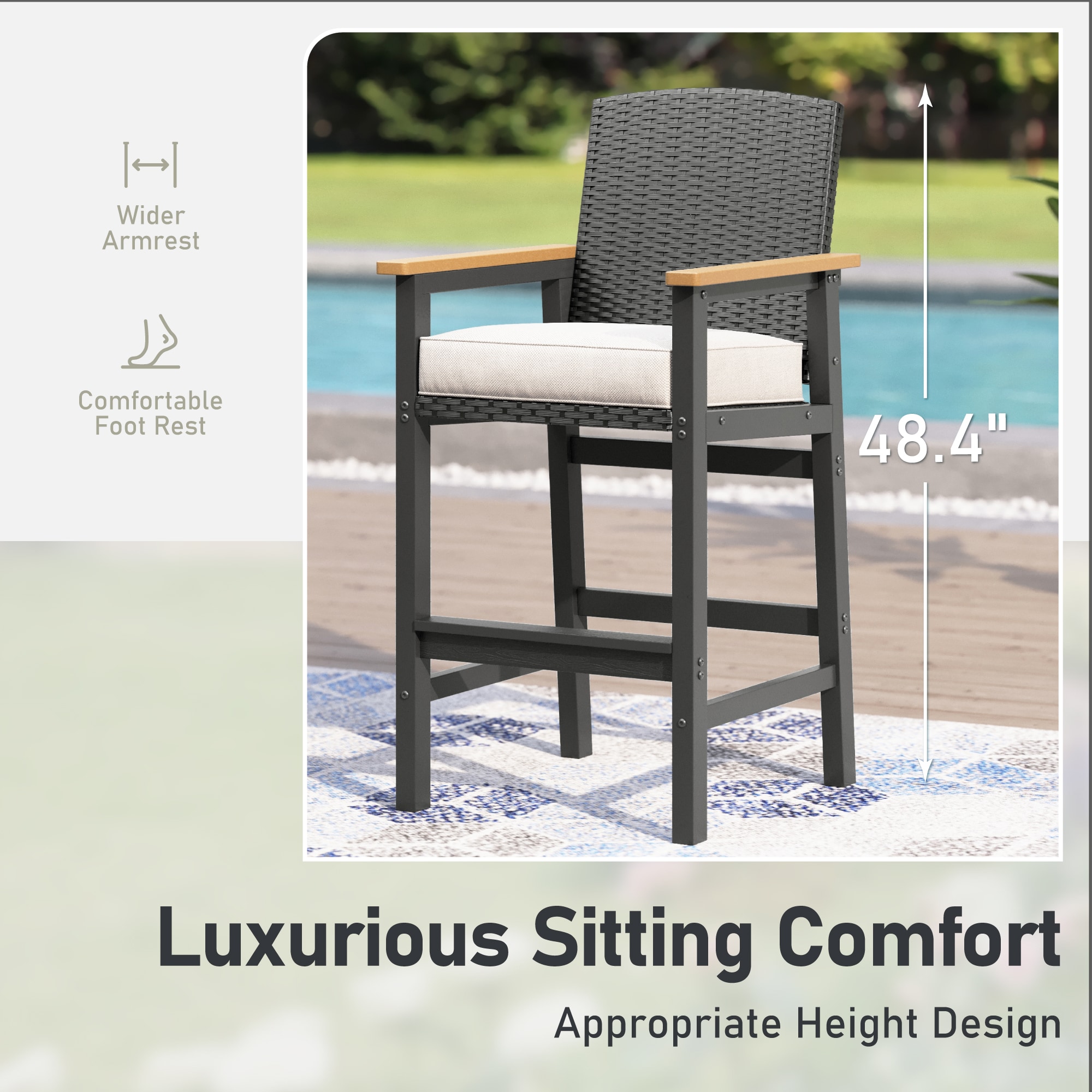 Sunshine Valley Outdoor HDPE High Bar Bistro Set 3 -Piece Black Wicker Bar Height Patio Dining Set Steel Rectangle Table with 2 Beige Cushions Stationary Chairs