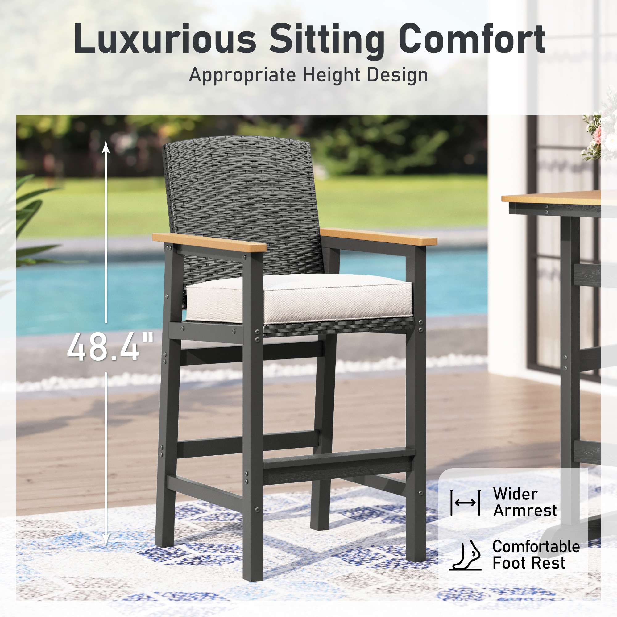 Sunshine Valley Outdoor HDPE High Bar Bistro Set 3 -Piece Black Wicker Bar Height Patio Dining Set Steel Rectangle Table with 2 Beige Cushions Stationary Chairs